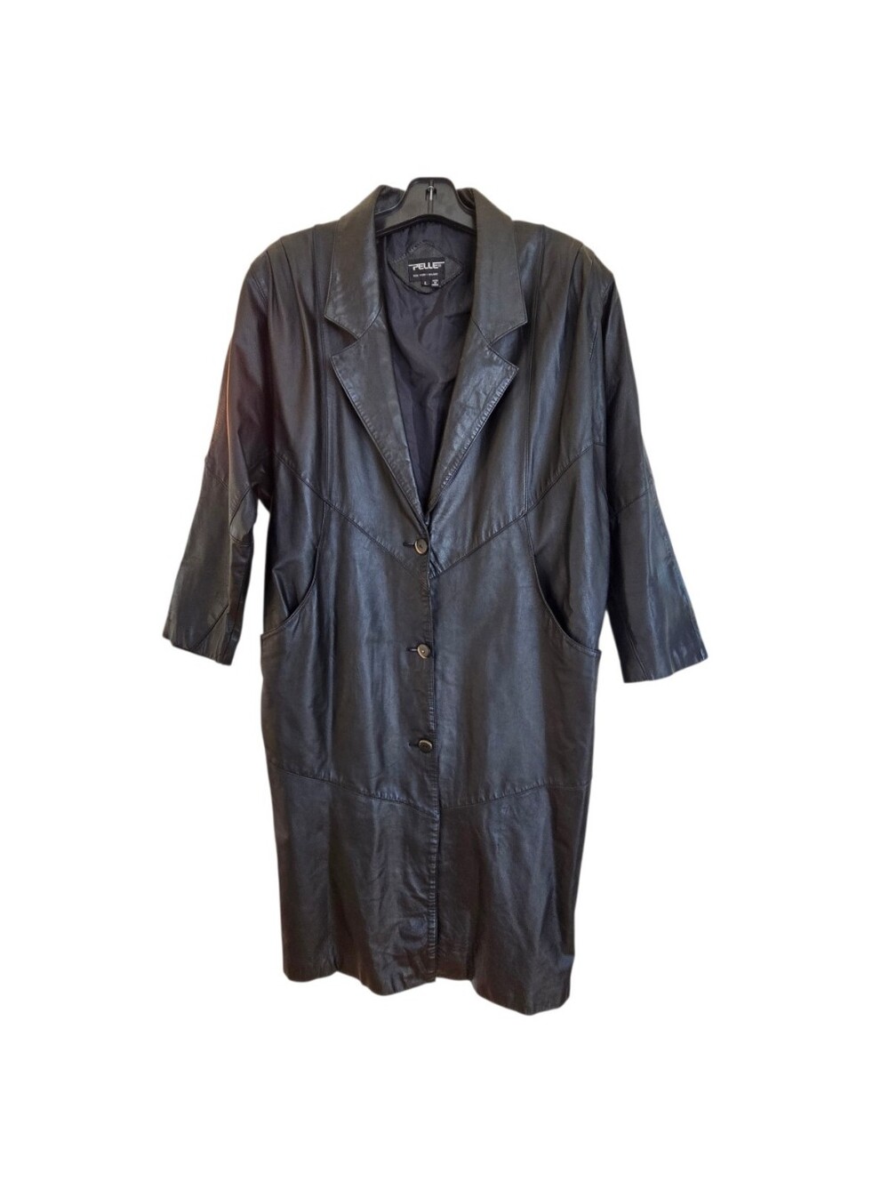 Vintage Long Leather Black Trench Coat Duster Pelle New York-Milano L STUNNING - Picture 2 of 16